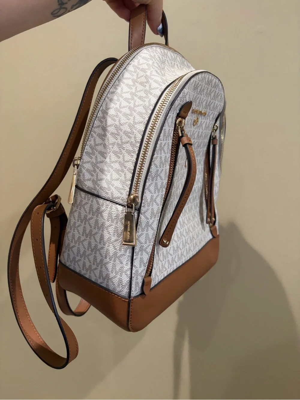 Michael Kors White & Brown MK Logo Backpack